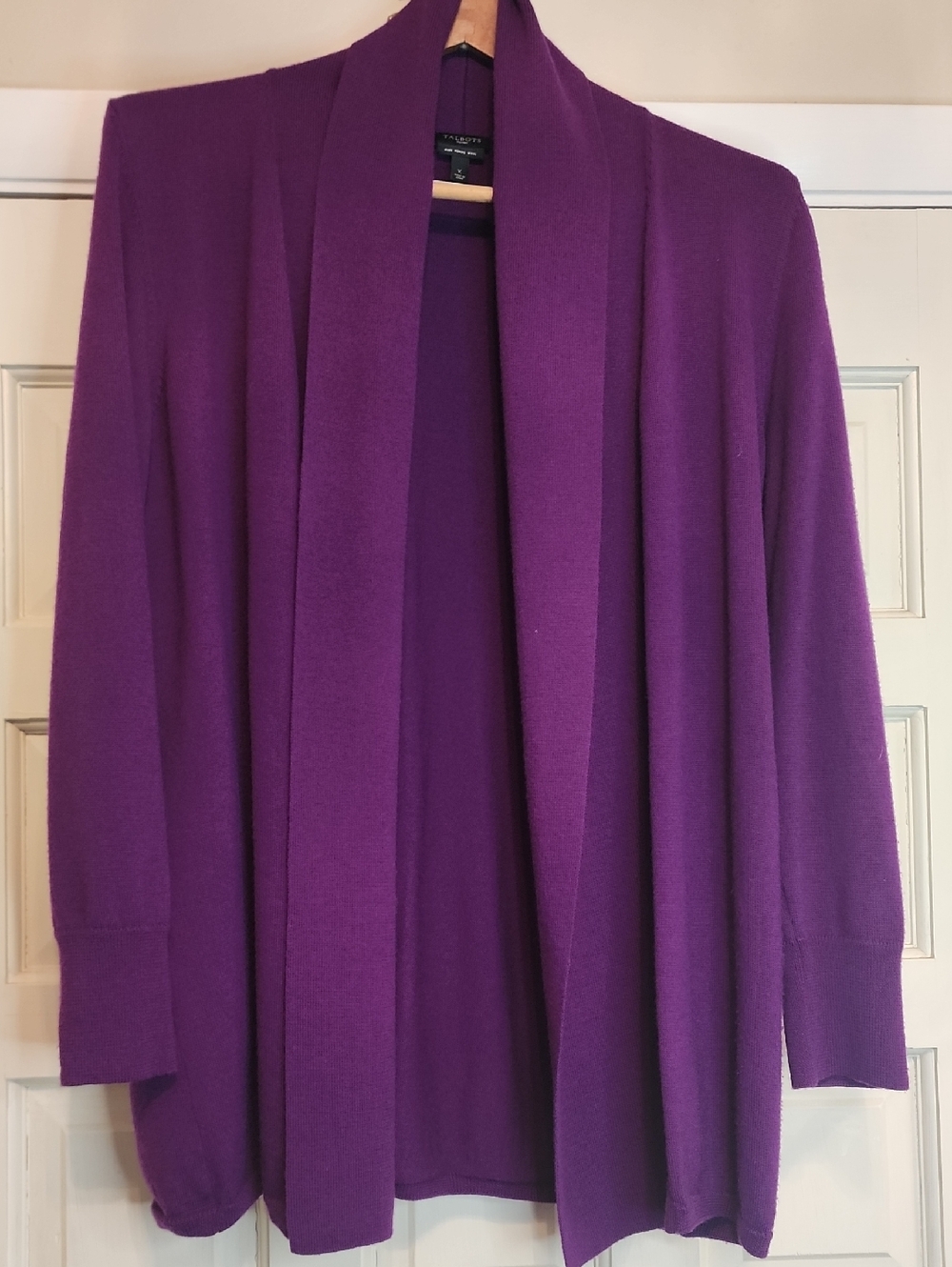 TALBOTS Classic Purple Open-Front Women’s Cardigan Sweater 100% Merino Wool